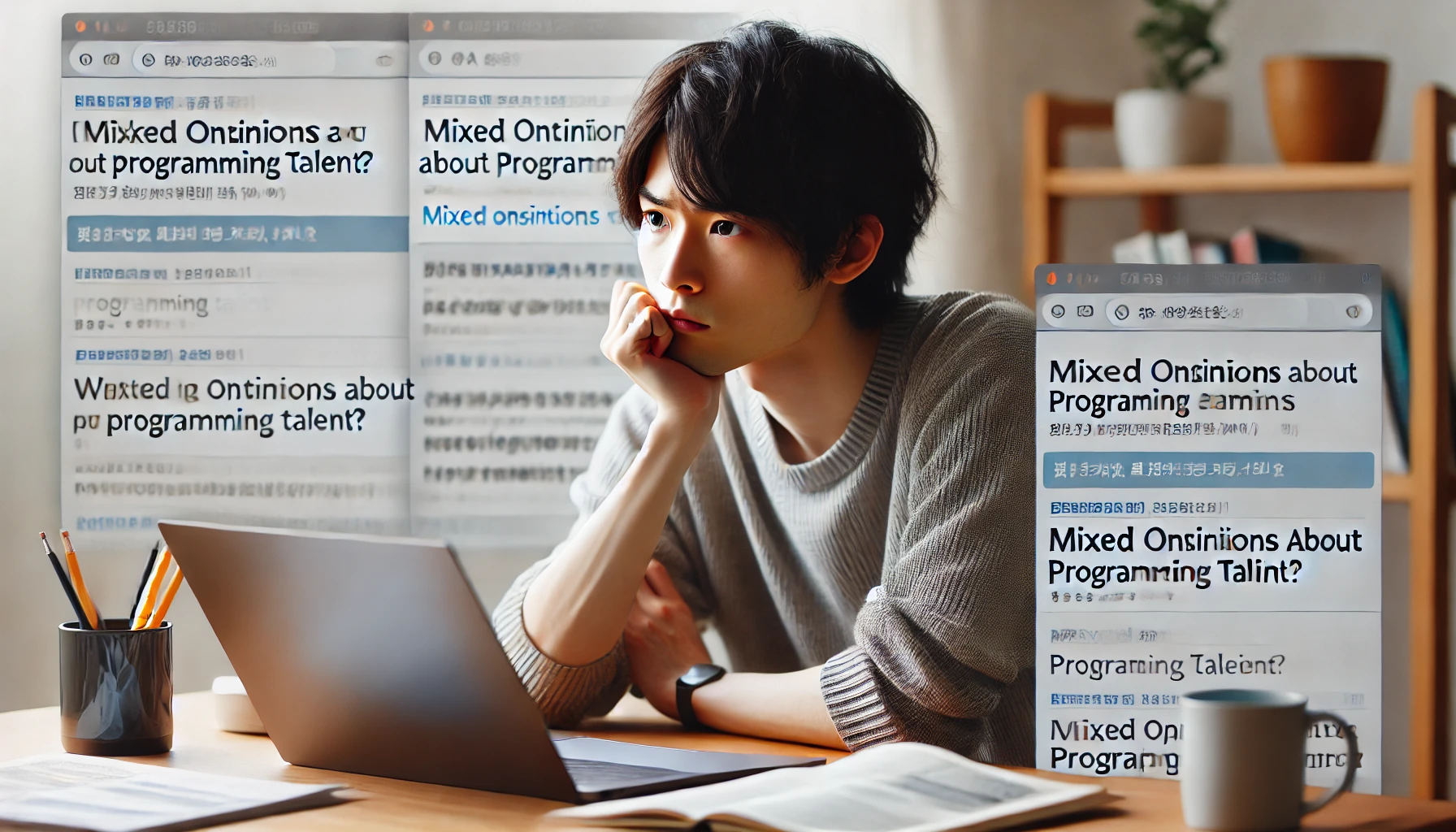 DALL·E 2025-05-04 01.53.51 – A Japanese person sitting at a desk with a laptop, looking contemplative while browsing online forums or Q&A sites. They appear to be thinking deeply,