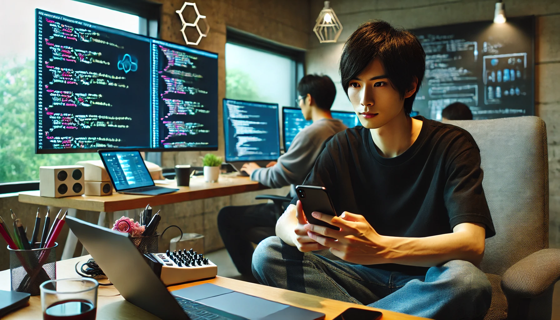 DALL·E 2025-04-27 21.32.10 – A Japanese person sitting in a modern co-working space, using a smartphone to code with various programming languages, multiple screens and tech gadge