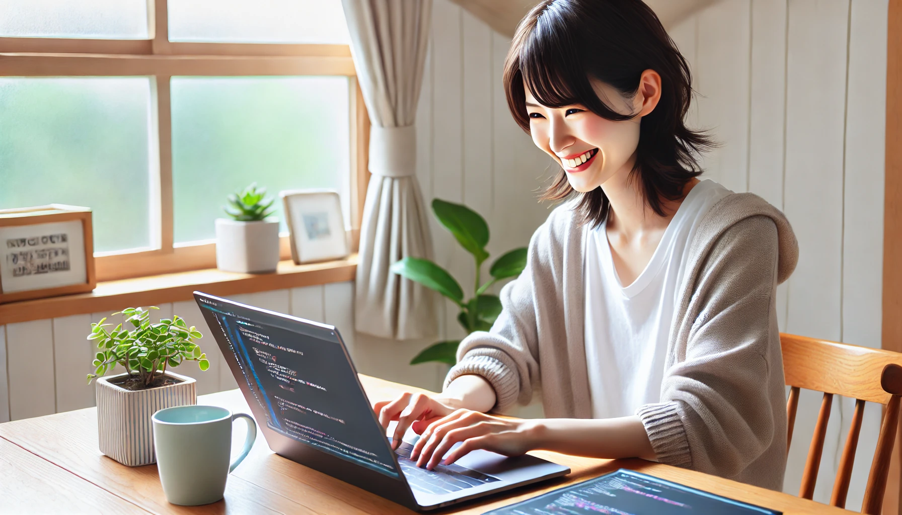 DALL·E 2025-05-04 01.58.08 – A Japanese person happily programming on a laptop at home, smiling and enjoying the process. The setting is bright and tidy, with plants or coffee nea