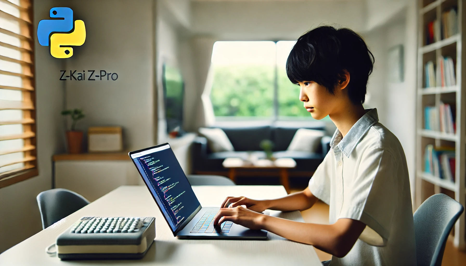 DALL·E 2025-05-06 02.45.37 – A Japanese middle school student learning programming on a laptop at home in a quiet and modern study space. The student is working with Python code o